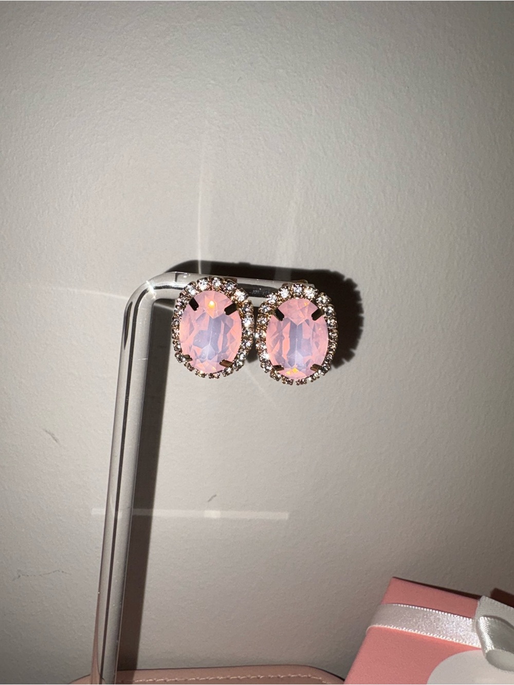 Pink Oval Crystal Halo Stud Earrings -